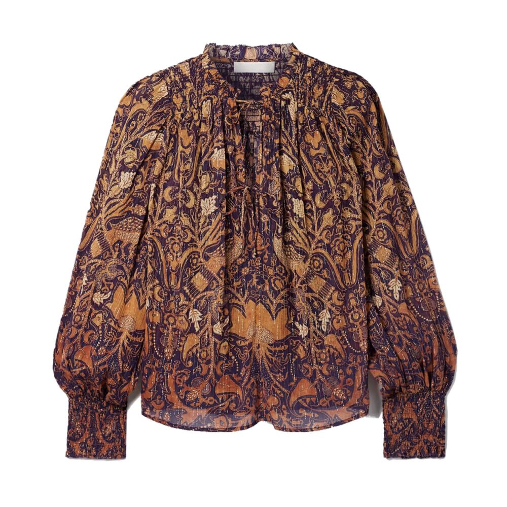 Ulla Johnson Navy and Gold Paisley-Print Smocked Blouse